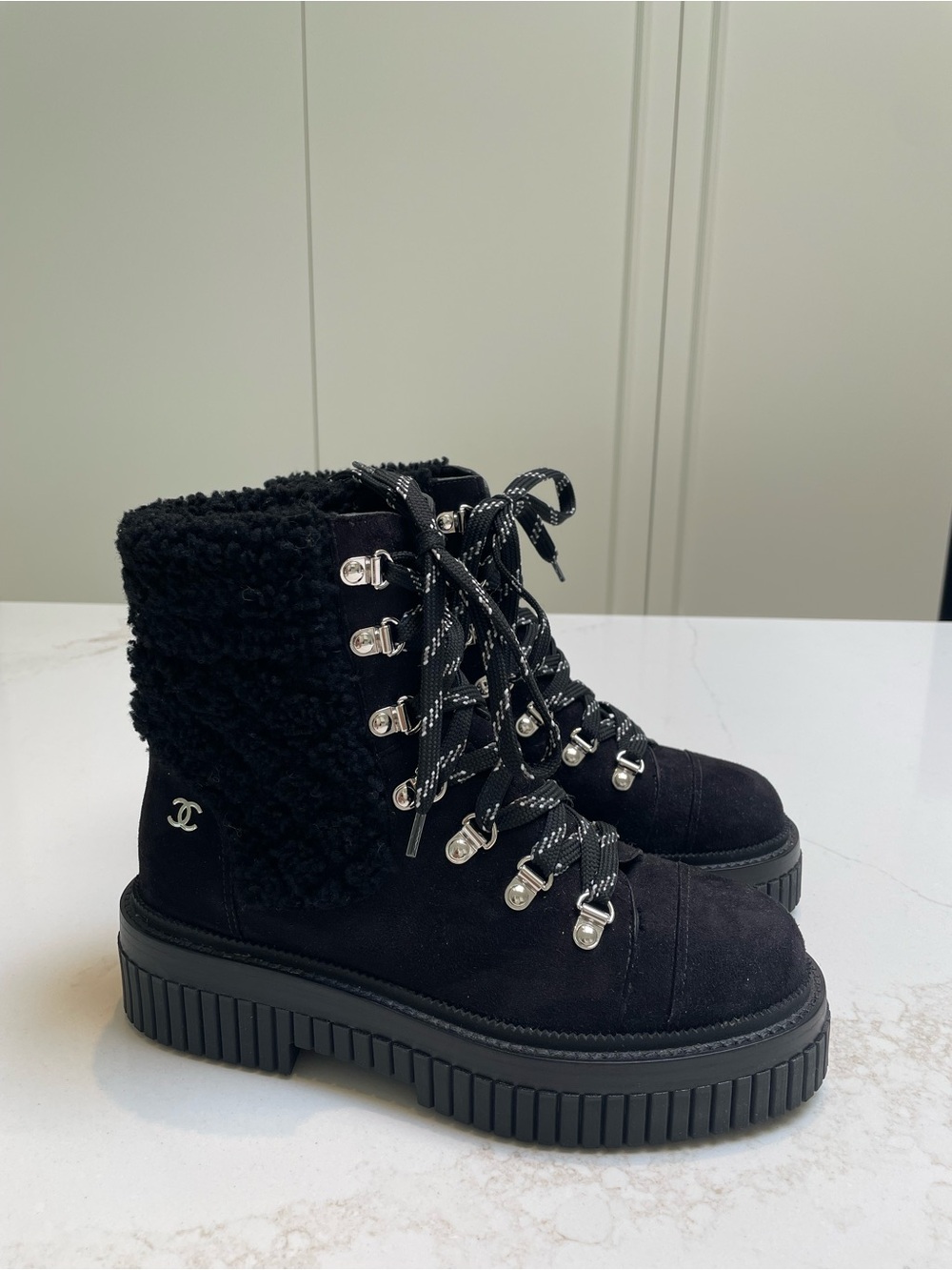 CHANEL Black Sherpa-Trim Lace-Up Platform Ankle Boots